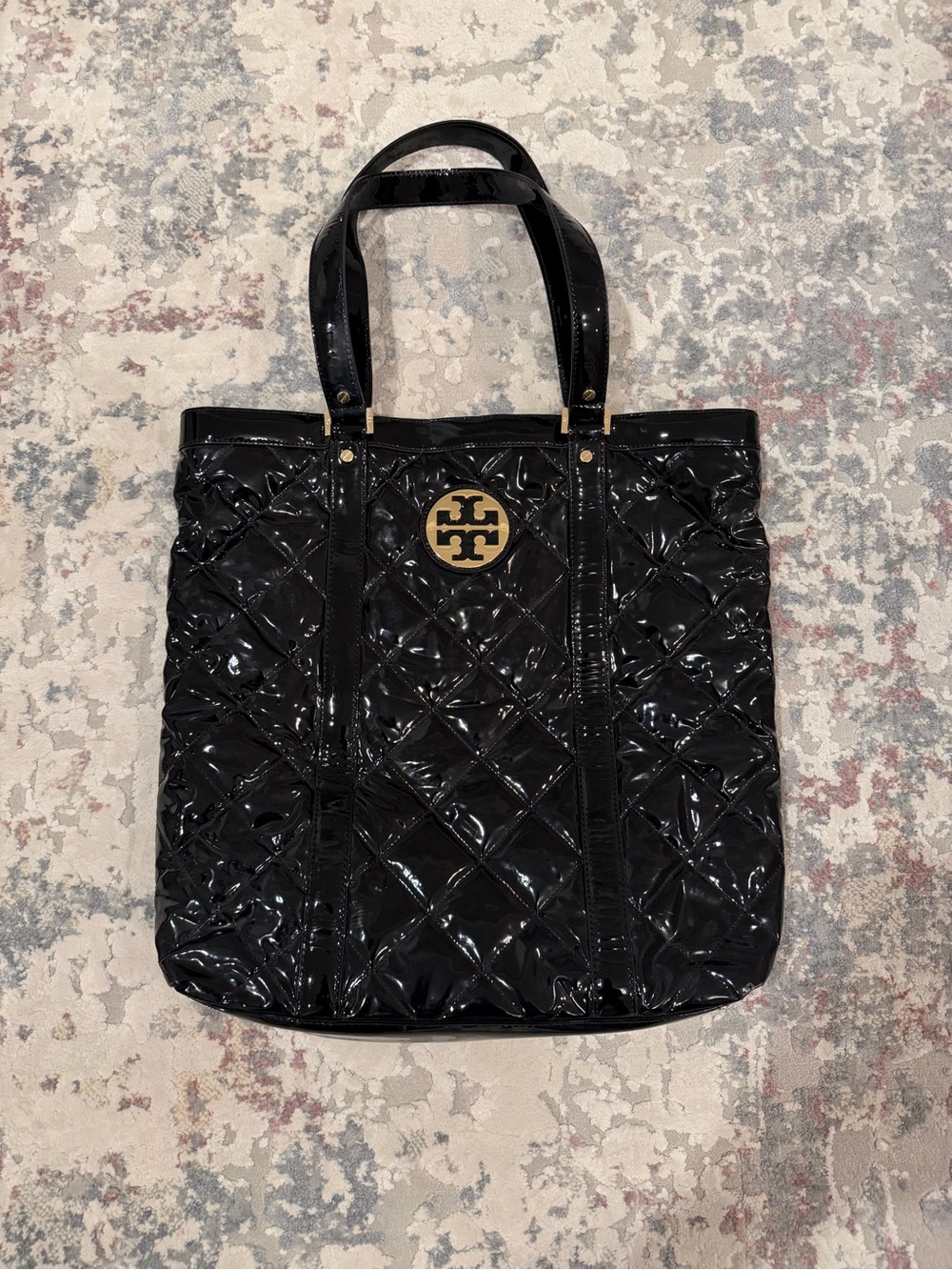 Tory Burch Black Patent Quilted Tote with Gold Logo